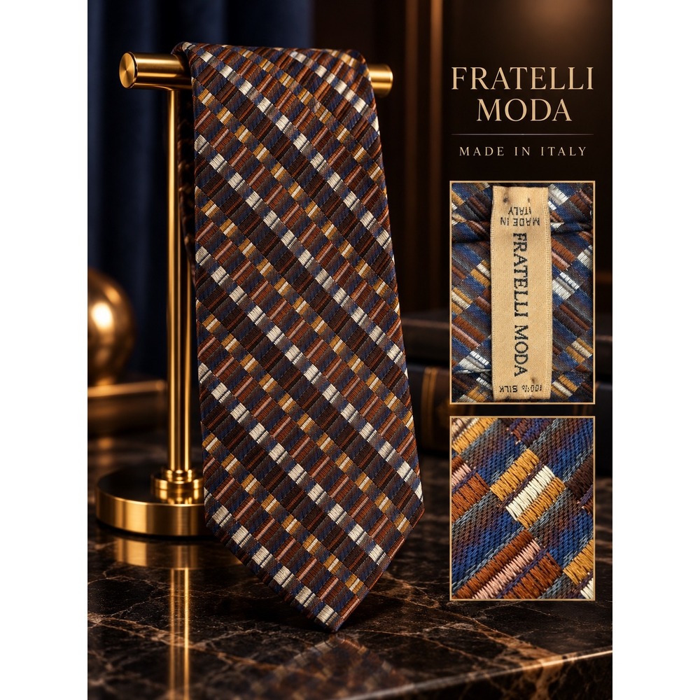 Fratelli Moda Mens Silk Tie Made in Italy Blue Brown Geometric Woven Silk Tie